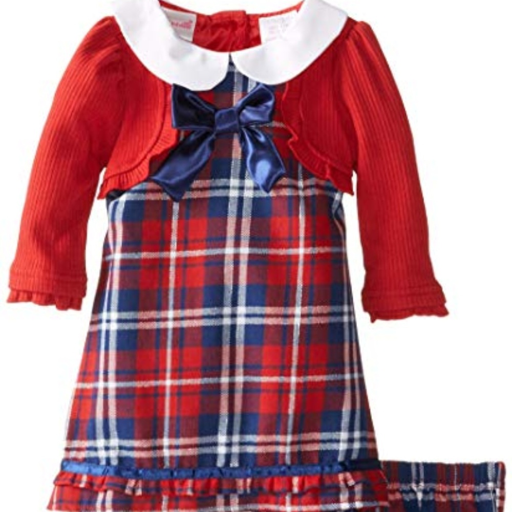 Nannette Plaid Collared Dress with Navy Satin Chest Bow & Red Shoulder Shrug